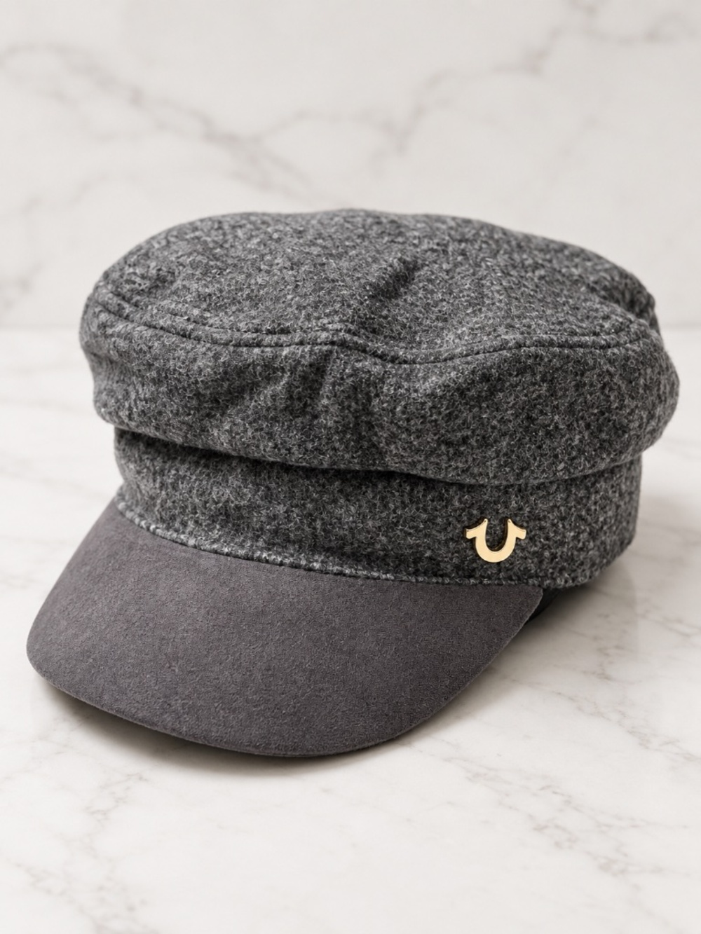 True Religion Gray Newsboy Baker Boy Cap Hat Adjustable Horseshoe Logo NWT